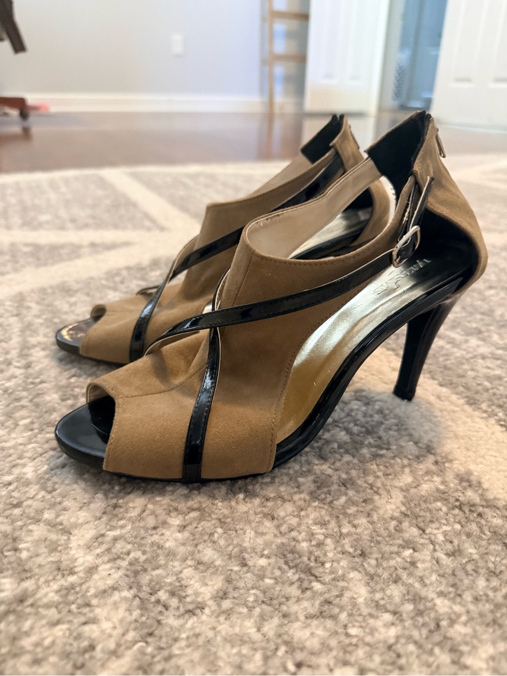 Women's Suede Peep-Toe High Heel Sandals in Brown with Black Trim
